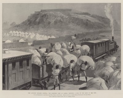 A Dongola felé való előrenyomulás, a Sarras-i erődített tábor, amely egy dombot koronáz a Nílus partján. alkotó: William Heysham Overend