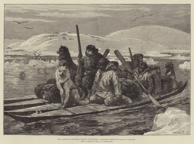 Az amerikai Franklin-kutató expedíció kajakban átkel a Simpson-szoroson alkotó: William Heysham Overend