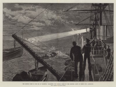 A brit flotta a Márvány-tengeren torpedóhajókat keres a HMS Agincourt fedélzetén lévő elektromos lámpával alkotó: William Heysham Overend