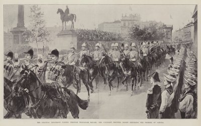 A Trafalgar téren áthaladó gyarmati körmenet, a kanadai lovas csapatok Kanada miniszterelnöke előtt alkotó: William Heysham Overend