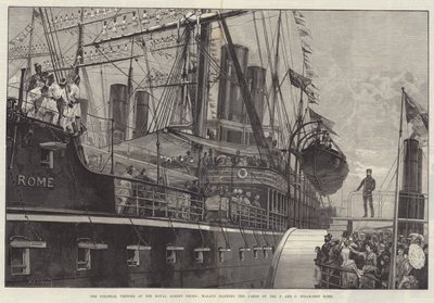 A gyarmati látogatók a Royal Albert Docksban, malájok a P and O Steam-Ship Rome hajógyárban alkotó: William Heysham Overend