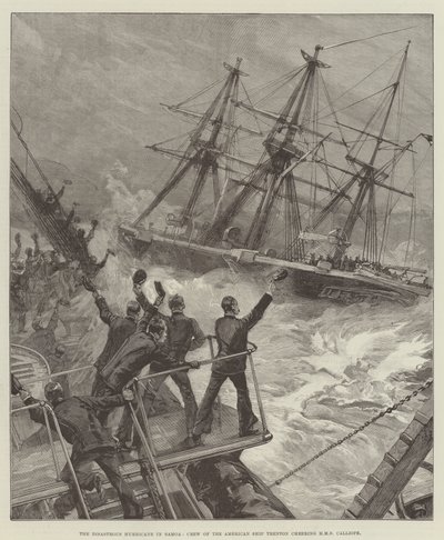 A katasztrofális hurrikán Szamoán, a Trenton amerikai hajó legénysége éljenezte a HMS Calliope-ot alkotó: William Heysham Overend