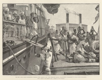 Az Emin pasa segélyexpedíció a Banana Pointban, 1887. március 18., a Madura gőzhajó átszállítja az utasokat egy Kongó folyó gőzhajójára alkotó: William Heysham Overend