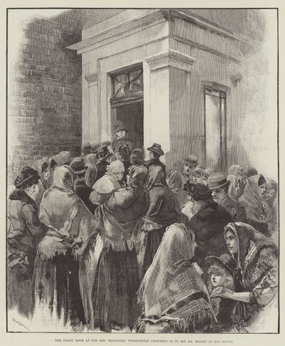 A bejárati ajtó a One Ash-nél, Rochdale, munkások tolonganak, hogy lássák Mr Brightot a koporsójában alkotó: William Heysham Overend