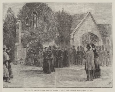 Clarence és Avondale néhai hercegének temetése, Sandringham látogatói, akik sorra várnak a templom tornácán, 1892. január 18. alkotó: William Heysham Overend