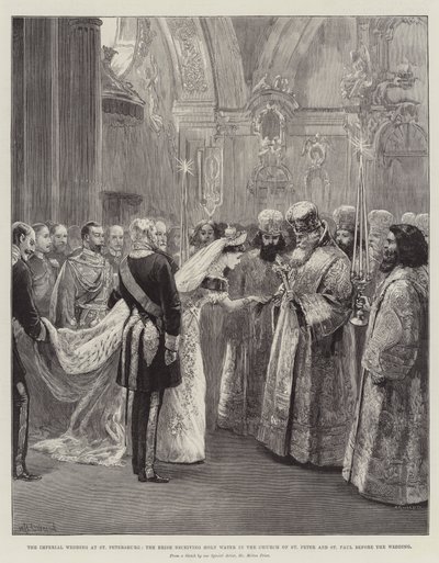 Császári esküvő Szentpéterváron, a menyasszony szenteltvizet kap a Szent Péter és Pál templomban az esküvő előtt alkotó: William Heysham Overend