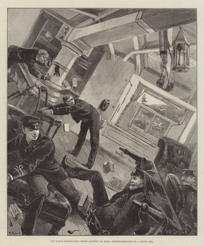 A haditengerészeti manőverek, a HMS Northumberland Stern Battery egy nehéz tengeren alkotó: William Heysham Overend