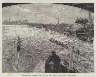 Az oxfordi és cambridge-i hajóverseny, a Barnes vasúti híd alatt haladó hajók alkotó: William Heysham Overend
