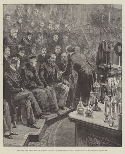 A walesi herceg és a yorki herceg a Királyi Intézetben, Dewar professzor előadást tart a folyékony levegőről. alkotó: William Heysham Overend