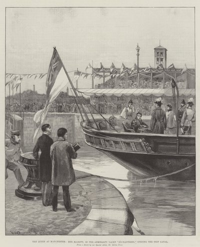 A királynő Manchesterben, Őfelsége, az Admiralty Yacht Enchantressben, megnyitja a Hajócsatornát alkotó: William Heysham Overend