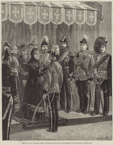 A királynő a windsori kastélyban az egyiptomi expedíció tisztjeit és katonáit díszíti alkotó: William Heysham Overend