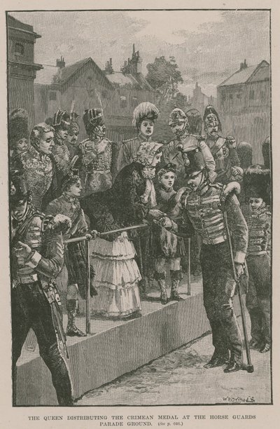 A királynő a krími érmet osztogatja a lóőrök felvonulási területén alkotó: William Heysham Overend