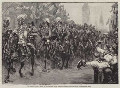 A királynő jubileuma, királyi hercegek kísérete a körmenetben a Buckingham-palotától a Westminsteri apátságig alkotó: William Heysham Overend