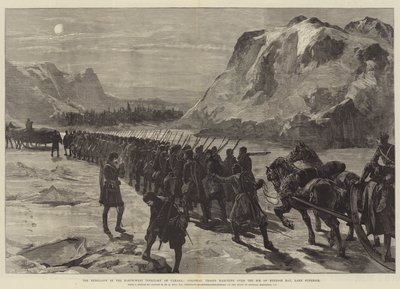 A lázadás Kanada északnyugati területén, gyarmati csapatok vonulnak át a Nepigon-öböl jegén, a Felső-tónál alkotó: William Heysham Overend