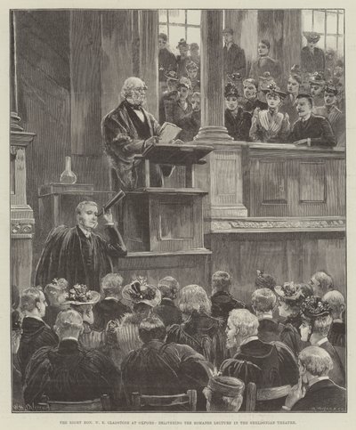 The Right Honorable W E Gladstone Oxfordban, Romanes előadást tart a Sheldonian Színházban alkotó: William Heysham Overend