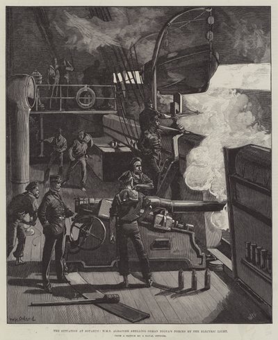 A helyzet Souakimban, a HMS Albacore elektromos fénnyel lövi meg Osman Digna erőit alkotó: William Heysham Overend