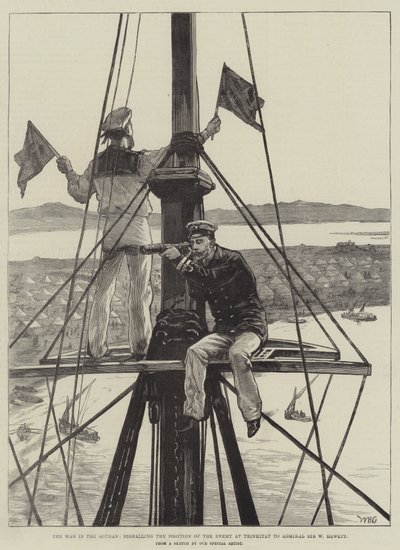 A háború a Soudanban, jelezve az ellenség pozícióját Trinkitatnál Sir W Hewett admirálisnak alkotó: William Heysham Overend