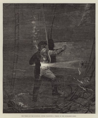 Az Eurydice roncsa, búvárok vizsgálják a roncsot a tengeralattjáró fényénél alkotó: William Heysham Overend