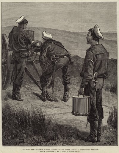 A zulu háború, a Pearson erőd helyőrsége, az alsó Tugelán, Gatling ágyúgyakorlaton alkotó: William Heysham Overend