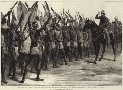 A zulu háború, Lord Chelmsford tábornok áttekinti a bennszülött kontingenst a Tugela partján, a bennszülöttek H-H-Ooo! alkotó: William Heysham Overend