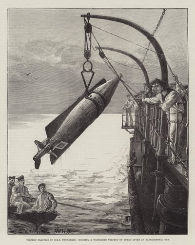 A HMS Thunderer torpedógyakorlata, egy Whitehead torpedó felemelése a fedélzetre kísérleti futás után alkotó: William Heysham Overend