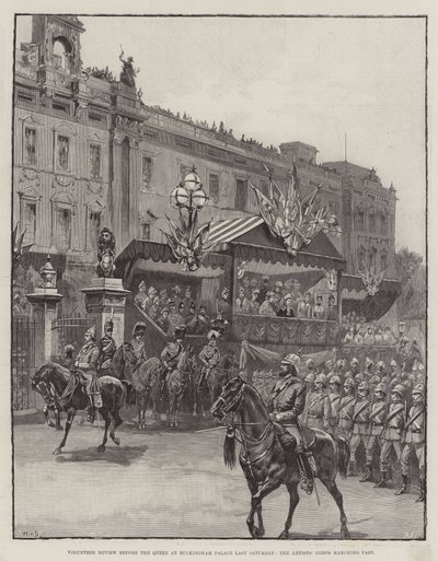 Önkéntes szemle a királynő előtt a Buckingham-palotában Múlt szombaton a Művészhadtest vonult el mellette alkotó: William Heysham Overend
