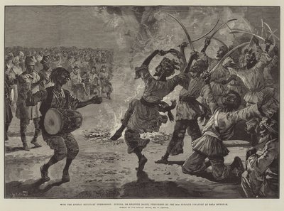 Az Afgán Határbizottsággal, Bungra, vagy Khattuk tánc, a 20. Punjaub gyalogság előadásában Bala Murghabban. alkotó: William Heysham Overend