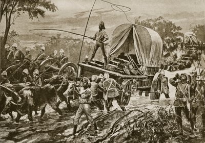 Zulu háború: az Etshowe segélyhadsereg átkelt egy patakon, 1879. április alkotó: William Heysham Overend