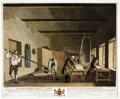 A jobboldali tisztelt Lord Viscount Kingsborough... ez a lemez egy lappoló szoba perspektivikus nézetét ábrázolja, a méréssel, a ropogtatással vagy a szövet hosszában történő hajtogatással, XI. lemez, A vászonmanu alkotó: William Hincks