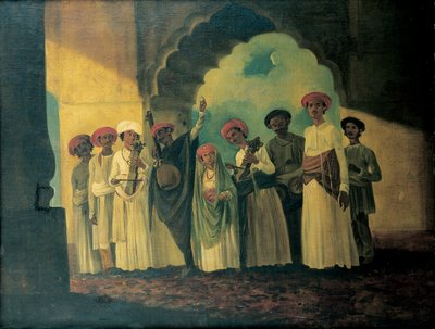 Indiai zenészek csoportja sarangit, tamburát és tablát játszik, egy lánnyal táncol a teraszon alkotó: William Hodges