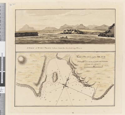 3a. oldal Port Praya térképe St Jago szigetén, a Zöld-foki-szigeteken. A „Port Praya in the Island St Jago a Zöld-foki-szigetek egyike A 2-1/2 mérföldes skála” címmel / A Port Praya képe a horgonyzóhelyről. alkotó: William Hodges