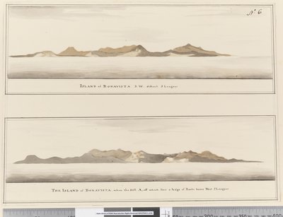 6. oldal Bonavista szigete: 2 profil. Címe: Bonavista szigete S.W. távoli 5 liga” és „Bonavista szigete, amikor az A-domb, amely mellett egy sziklapárkány fekszik, nyugatra 2 ligát hordoz” alkotó: William Hodges
