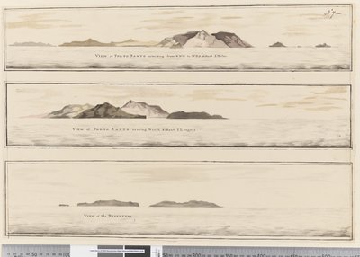 7. oldal a) Porto Santo kilátása. Az alsó széle mentén tintával ellátva: „Porto Santo nézete NNW-től WBW-ig, 5 mérföld távolságra” (b) Porto Santo nézete észak felé. A tintával az alsó széle: „Porto Santo panorámája, északi távolság 2 ligát”. (c) Nézet o alkotó: William Hodges