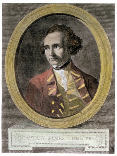 James Cook kapitány (1728-79) portréja az „Utazás a világ körül a déli sarkig” (későbbi színezés) előlapjáról alkotó: William Hodges