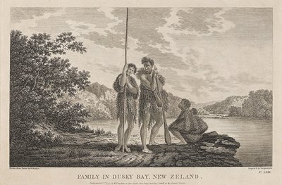 A Szigetek öble (Dusky Bay) (Új-Zéland), egy maori családdal. Metszet (33,9x47,1 cm) William Hodges (1744-1797) rajzáról, 1785 körül. alkotó: William Hodges