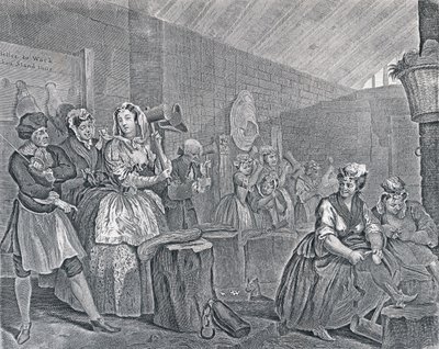 Egy szajha fejlődése, Negyedik tábla: Jelenet Bridewellben, 1732 (rézkarc és metszet) alkotó: William Hogarth