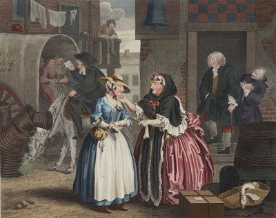 Egy szajha fejlődése, I. tábla, illusztráció a „Hogarth Restored: The Whole Works of the híres William Hogarth, re-graves by Thomas Cook”, pub. 1812 (kézzel színezett metszet) alkotó: William Hogarth