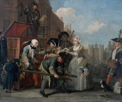 Egy gereblye fejlődése IV: A letartóztatottak, bíróság elé vonulnak, 1733 alkotó: William Hogarth