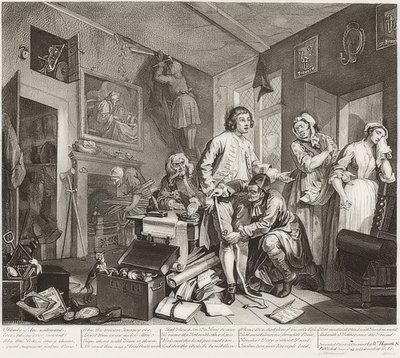 A gereblye fejlődése, 1. tábla: A gereblye birtokba vétele / Der Weg eines Liederlichen, Blatt 1: Die Erbschaft. 1735 alkotó: William Hogarth
