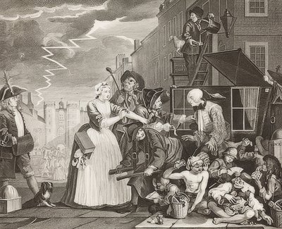 A Rake? S Progress, 4. tábla: The Rake Arrested, Going to Court / Der Weg eines Liederlichen, Blatt 4: Tom Rakewell letartóztatták és megmentették. 1735 alkotó: William Hogarth