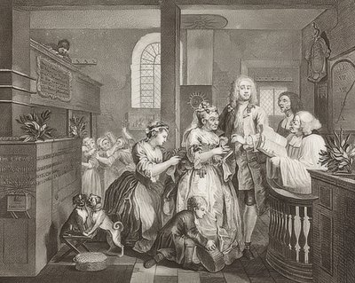 A gereblye? S Progress, 5. tábla: The Rake Marrying an Old Woman / The Path of a Dissolute, Sheet 5: Tom Rakewell feleségül vesz egy gazdag öregasszonyt). 1735 alkotó: William Hogarth