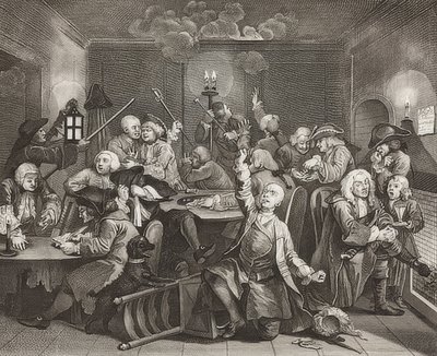 A Rake S Progress, 6. tábla: A rake egy játékházban, 6. lap: Tom Rakewell egy szerencsejáték barlangban. 1735 alkotó: William Hogarth