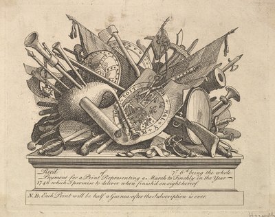 Fegyverállvány, hangszerek stb., 1749-50. március. alkotó: William Hogarth