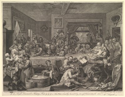 Választási mulatság, I. tábla: Négy lenyomat egy választásról, 1755. február. alkotó: William Hogarth