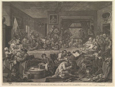 Választási mulatság, I. tábla: Egy választás négy lenyomata, 1755. február 24. alkotó: William Hogarth