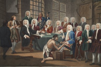Bambridge ellen gyilkosság vádjával pert indított az alsóház egyik bizottsága, illusztráció a „Hogarth Restored: The Whole Works of the híres William Hogarth, újrametszett Thomas Cook” című kocsmából. 1812 (kézzel színezett metszet) alkotó: William Hogarth