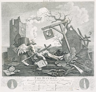 Bathos, Az elsüllyedés módja, fenséges festményeken, amelyek a Dealers in Dark Pictures felirattal, 1764 (rézkarc és metszet) alkotó: William Hogarth