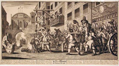 A „Rumps” felgyújtása a Temple Barban alkotó: William Hogarth