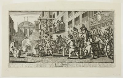 A Rumps égetése a Temple Barban, tizenegyes tányér a Hudibrasból alkotó: William Hogarth