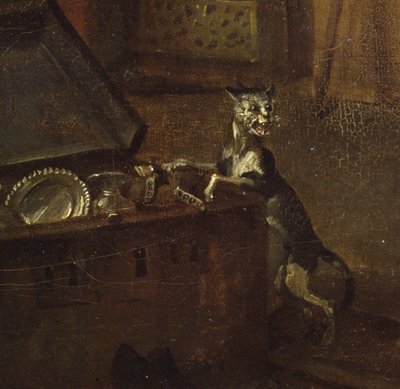 Macska mellkassal, részlet az A Rakes Progress I: The Rake Taking Possession of his Estate című filmből, 1733 olaj, vászon, 72326 részlet alkotó: William Hogarth